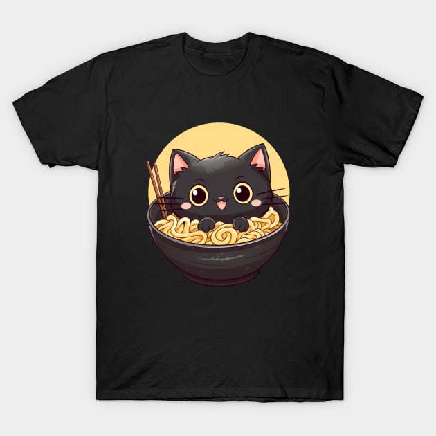 Ramen noodles and black cat T-Shirt by Illustrameo